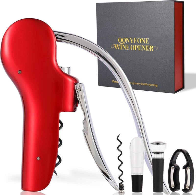 QONYFONE فتاحة زجاجات النبيذ، مجموعة فتاحة عمودية 5 قطع، تصميم عمودي يدوي، تشمل قاطع ورق النبيذ، لولب إضافي، صب النبيذ وسدادة النبيذ، علبة هدايا أنيقة، حمراء - Image 1